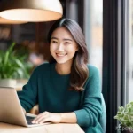 최고의 클라우드 저장소 도구 - **Prompt:** "A young woman in her late 20s, with a gentle smile, sits comfortably at a modern, light...