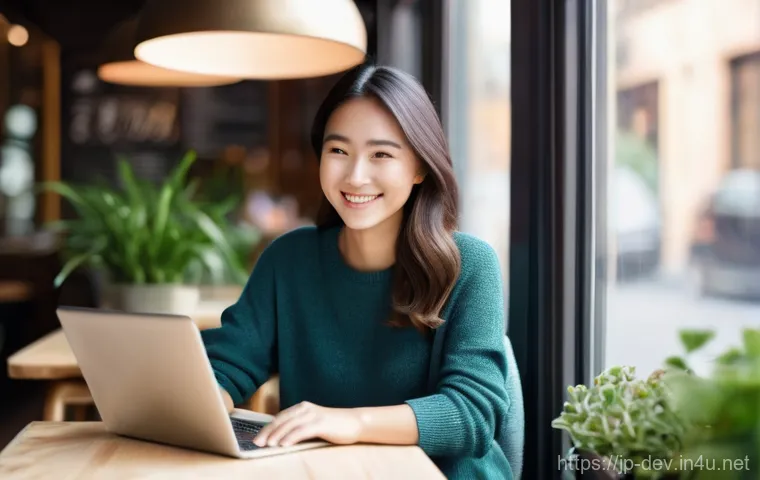 최고의 클라우드 저장소 도구 - **Prompt:** "A young woman in her late 20s, with a gentle smile, sits comfortably at a modern, light...