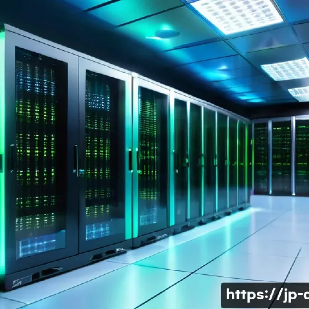 서버 과부하를 방지하는 최적화 방법 - A modern data center server room with racks of servers glowing with blue and green LED lights, showi...