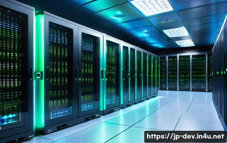 서버 과부하를 방지하는 최적화 방법 - A modern data center server room with racks of servers glowing with blue and green LED lights, showi...