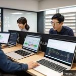 React와 Vue js의 차이점 - A detailed and modern office workspace scene showing a diverse group of Japanese software developers...