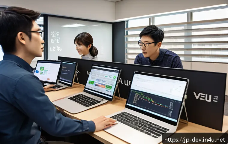React와 Vue js의 차이점 - A detailed and modern office workspace scene showing a diverse group of Japanese software developers...